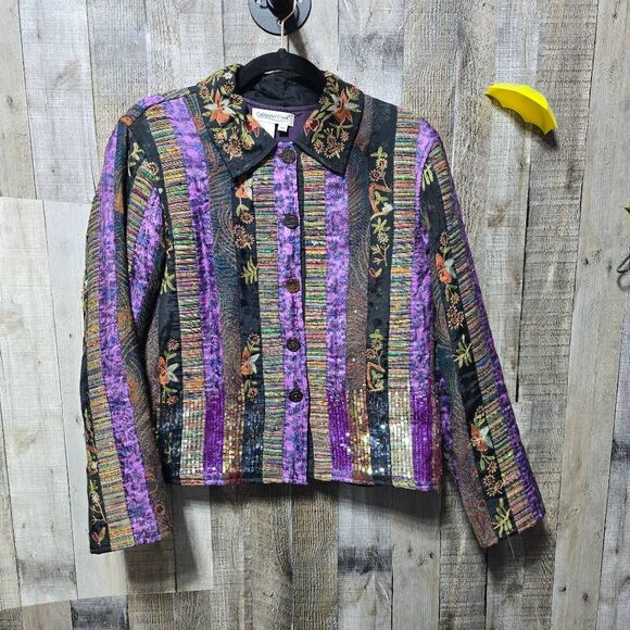 Coldwater Creek Purple Tapestry Sequin Multipattern Wool Slik Blend Jacket - Picture 1 of 4